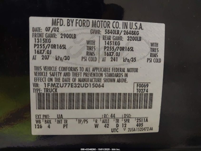 2002 Ford Explorer Sport Trac VIN: 1FMZU77E32UD15064 Lot: 43346260