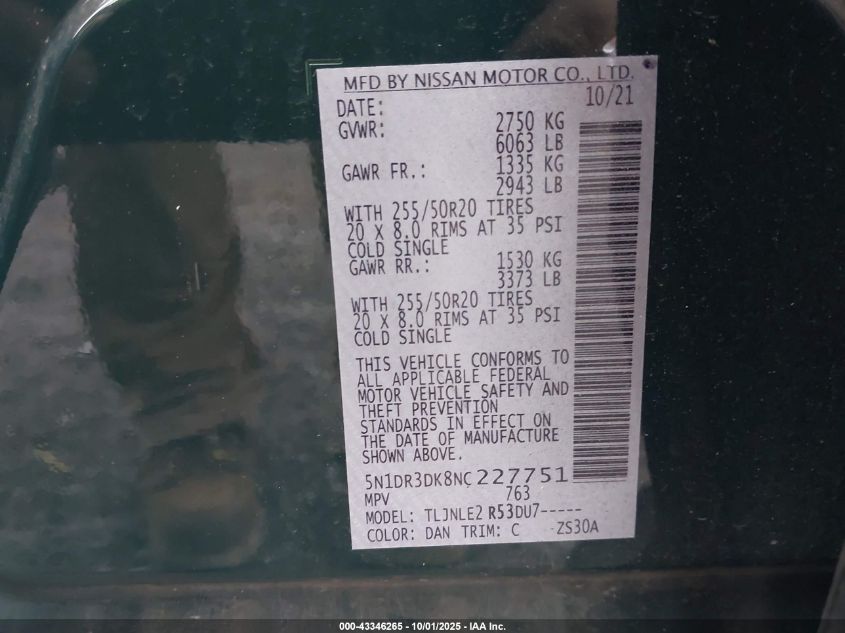 2022 Nissan Pathfinder Platinum 4Wd VIN: 5N1DR3DK8NC227751 Lot: 43346265