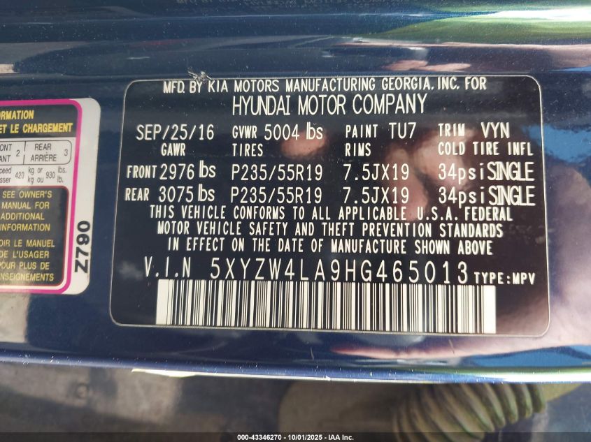 2017 Hyundai Santa Fe Sport 2.0T Ultimate VIN: 5XYZW4LA9HG465013 Lot: 43346270