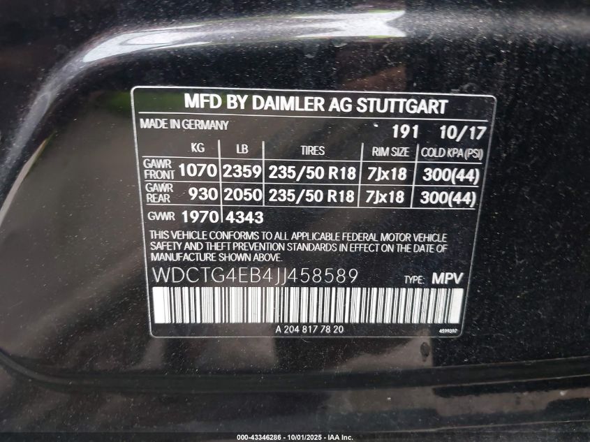 2018 Mercedes-Benz Gla 250 VIN: WDCTG4EB4JJ458589 Lot: 43346286