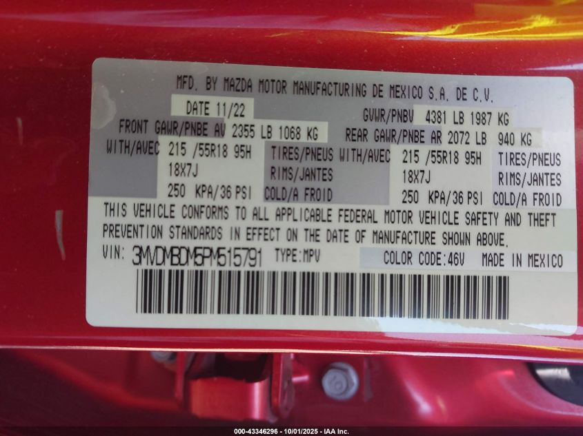 2023 Mazda Cx-30 2.5 S Premium VIN: 3MVDMBDM5PM515791 Lot: 43346296