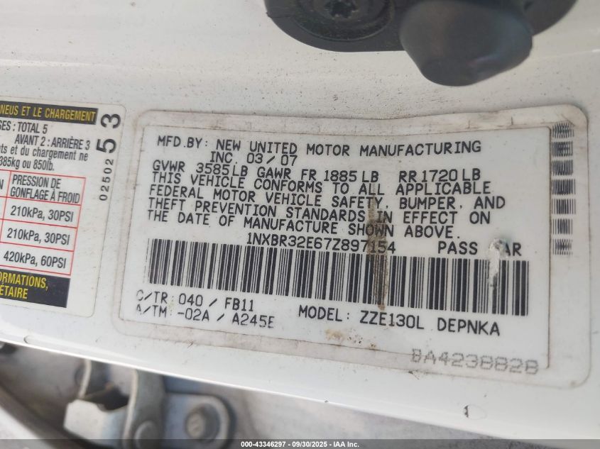 2007 Toyota Corolla Le VIN: 1NXBR32E67Z897154 Lot: 43346297