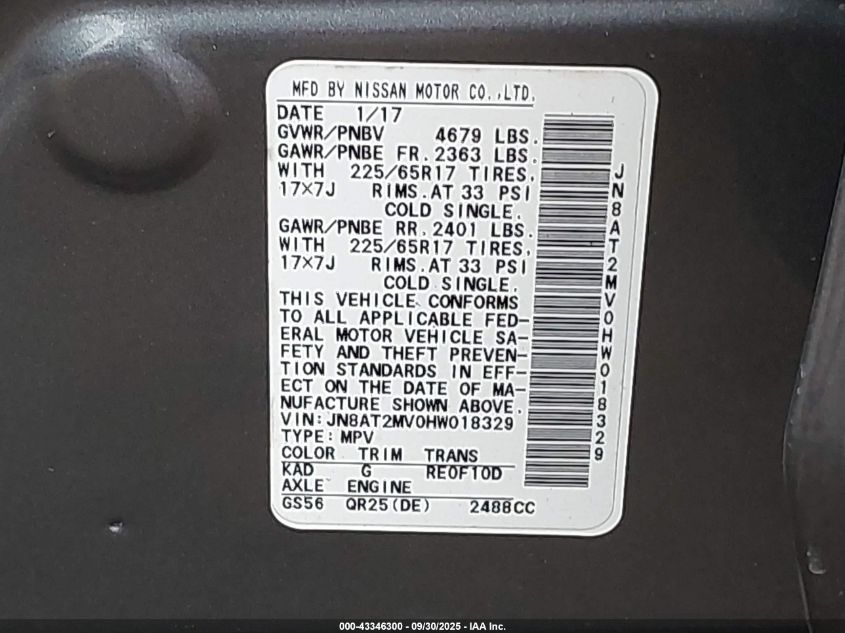 2017 Nissan Rogue Sv VIN: JN8AT2MV0HW018329 Lot: 43346300