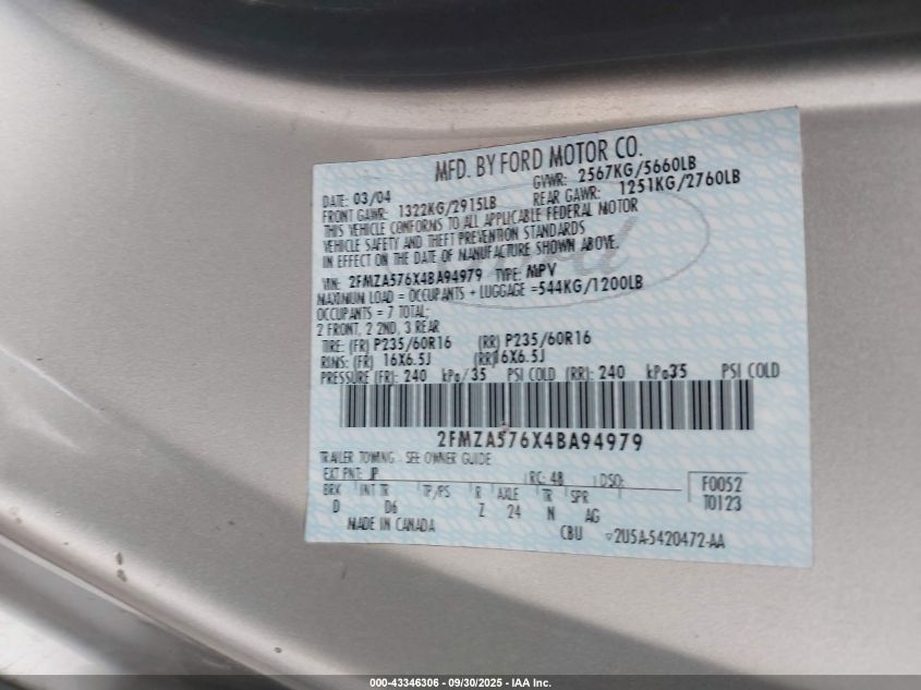 2004 Ford Freestar Ses VIN: 2FMZA576X4BA94979 Lot: 43346306