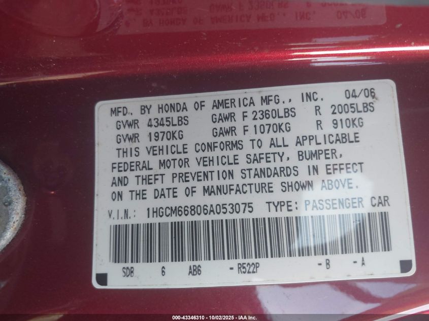 2006 Honda Accord 3.0 Ex VIN: 1HGCM66806A053075 Lot: 43346310