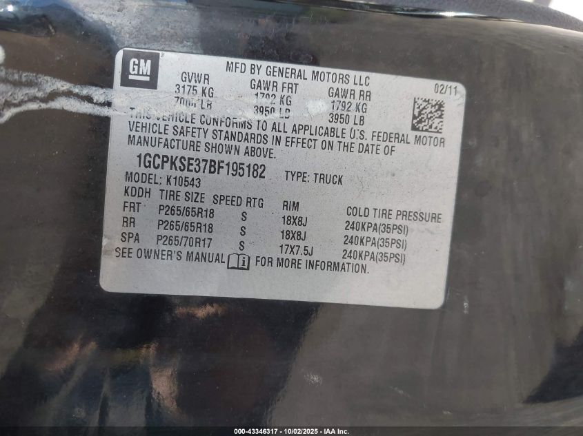 2011 Chevrolet Silverado 1500 Lt VIN: 1GCPKSE37BF195182 Lot: 43346317