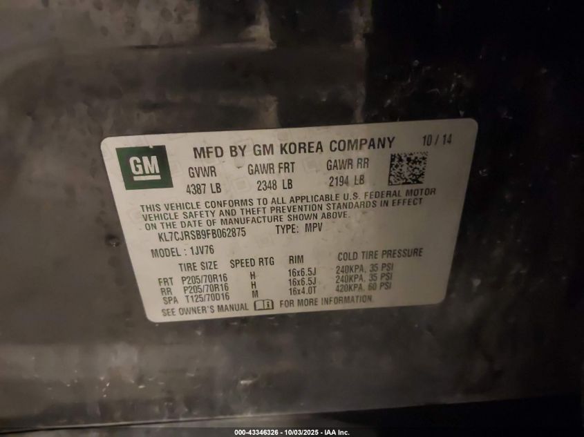 2015 Chevrolet Trax Lt VIN: KL7CJRSB9FB062875 Lot: 43346326