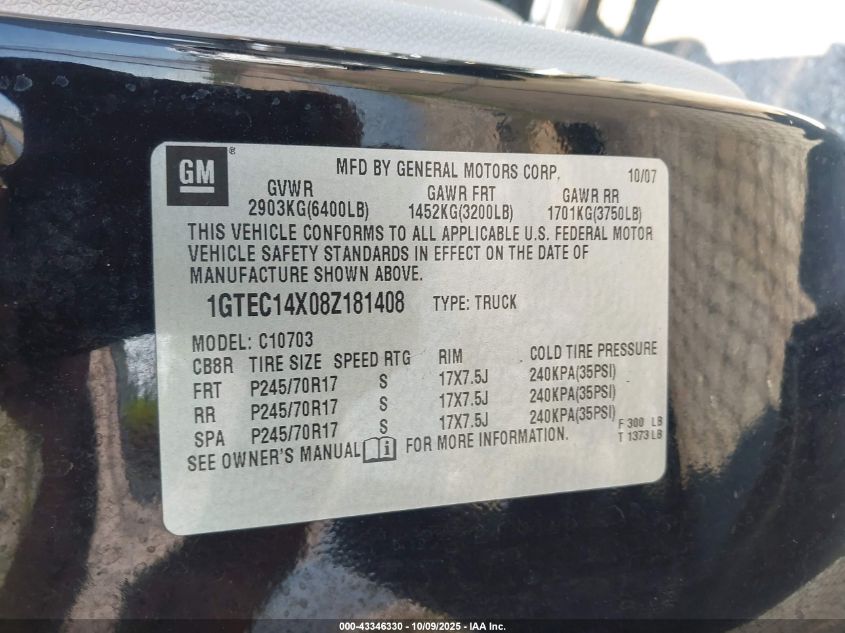 2008 GMC Sierra 1500 Work Truck VIN: 1GTEC14X08Z181408 Lot: 43346330