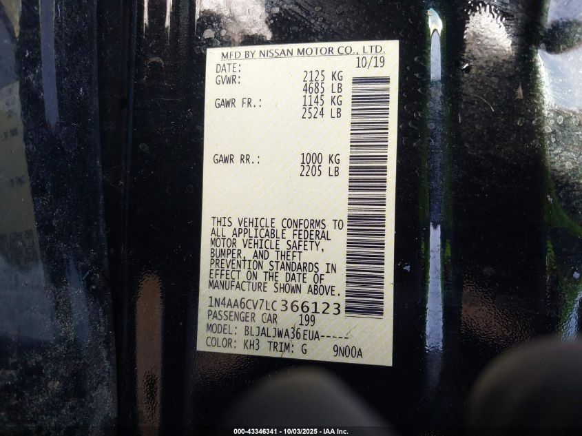 2020 Nissan Maxima Sv Xtronic Cvt VIN: 1N4AA6CV7LC366123 Lot: 43346341