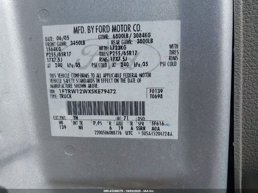 2005 Ford F-150 Xlt VIN: 1FTRW12WX5KE79472 Lot: 43346376