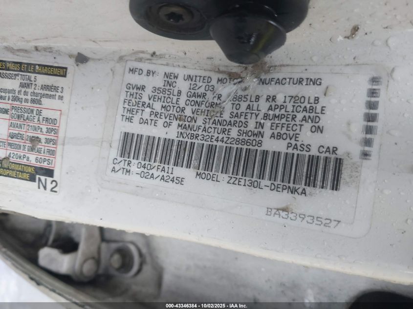 2004 Toyota Corolla Le VIN: 1NXBR32E44Z288608 Lot: 43346384