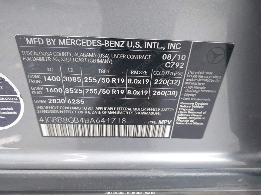 2011 Mercedes-Benz Ml 350 4Matic VIN: 4JGBB8GB4BA641718 Lot: 43346389