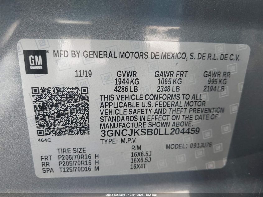 2020 Chevrolet Trax Fwd Ls VIN: 3GNCJKSB0LL204459 Lot: 43346391