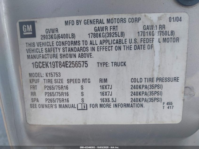 2004 Chevrolet Silverado 1500 Z71 VIN: 1GCEK19T84E256575 Lot: 43346393