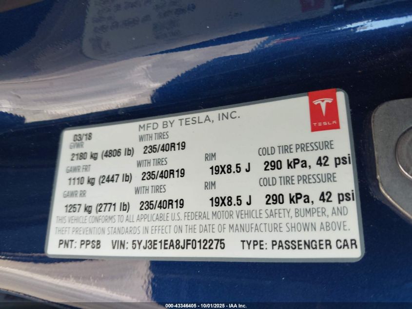 2018 Tesla Model 3 Long Range/Mid Range VIN: 5YJ3E1EA8JF012275 Lot: 43346405