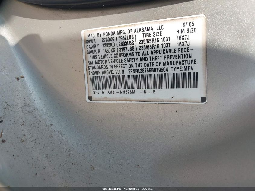 2006 Honda Odyssey Ex-L VIN: 5FNRL38766B019504 Lot: 43346410