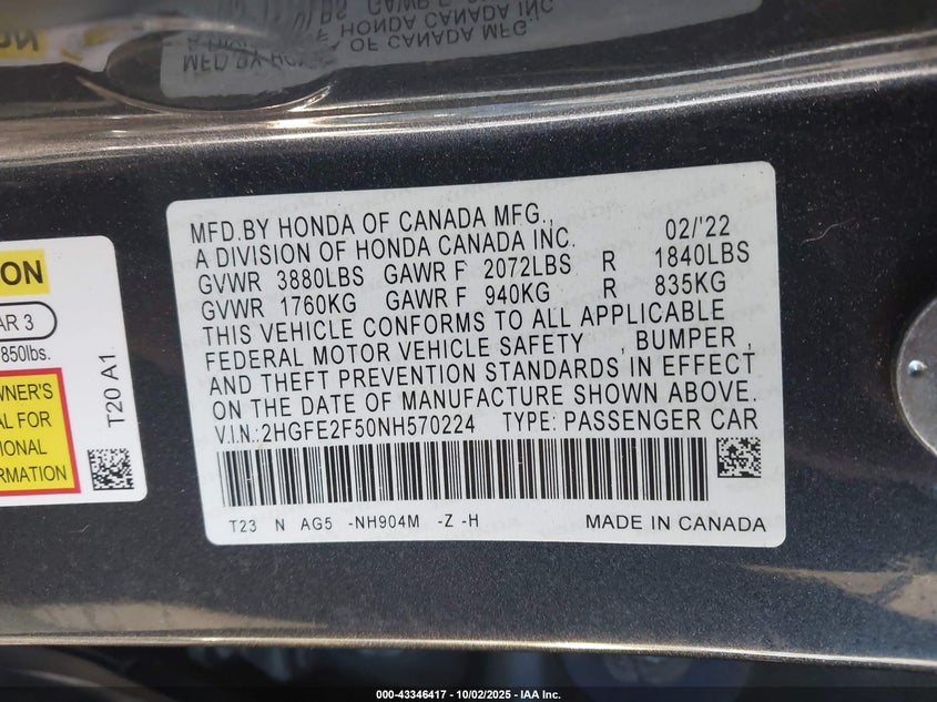 2022 HONDA CIVIC SPORT - 2HGFE2F50NH570224