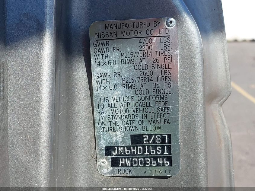 1987 Nissan D21 King Cab VIN: JN6HD16S1HW003646 Lot: 43346425