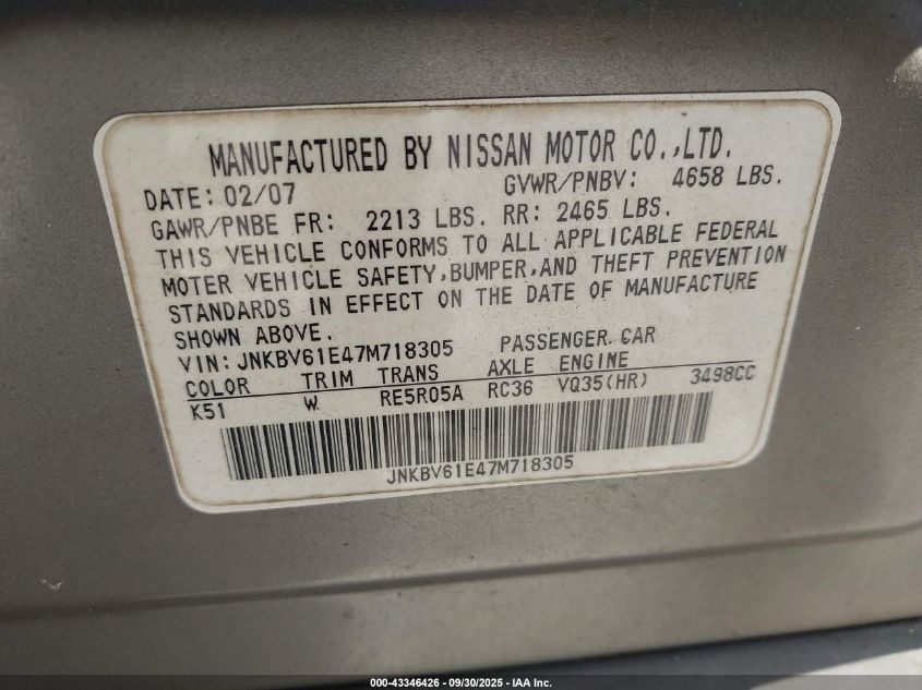 2007 Infiniti G35 Journey VIN: JNKBV61E47M718305 Lot: 43346426