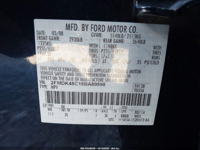 2008 Ford Edge Sel VIN: 2FMDK48C18BA89598 Lot: 43346436