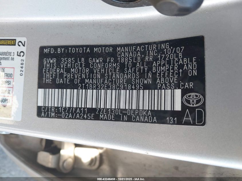 2008 Toyota Corolla Ce VIN: 2T1BR32E38C918495 Lot: 43346458