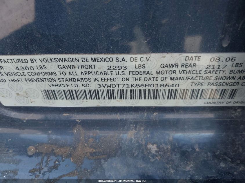 2006 Volkswagen Jetta Tdi VIN: 3VWDT71K86M018640 Lot: 43346461