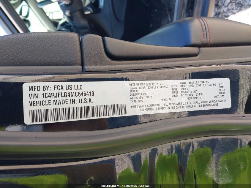 2021 Jeep Grand Cherokee Trailhawk 4X4 VIN: 1C4RJFLG4MC646419 Lot: 43346471