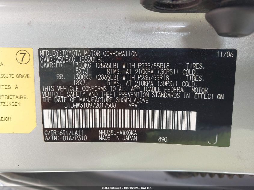 2007 Lexus Rx 400H VIN: JTJHW31U972017508 Lot: 43346473