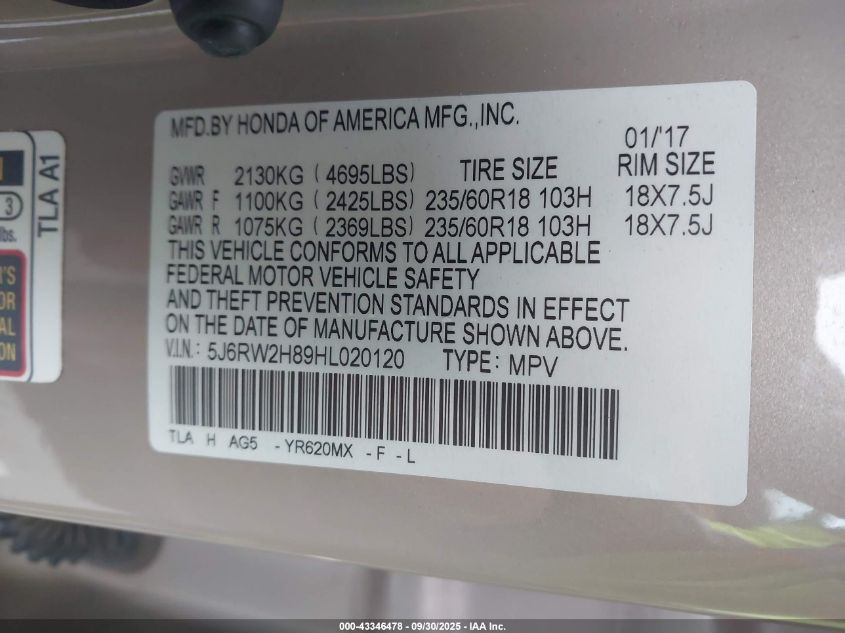 2017 Honda Cr-V Ex-L/Ex-L Navi VIN: 5J6RW2H89HL020120 Lot: 43346478