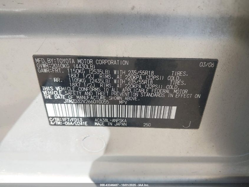 2006 Toyota Rav4 Sport VIN: JTMZD32V266010055 Lot: 43346487