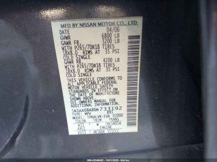 2006 Nissan Armada Le VIN: 5N1AA08A86N733192 Lot: 43346492
