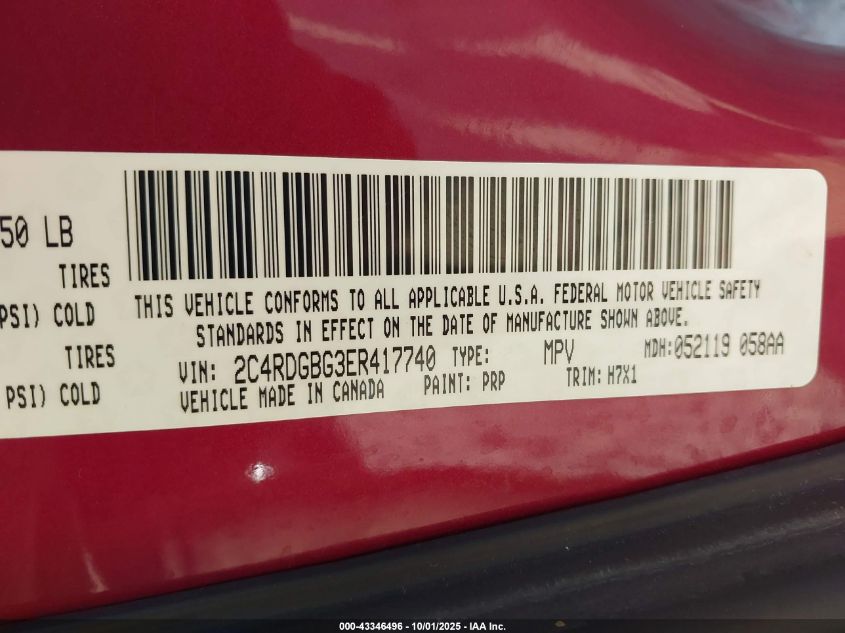 2014 Dodge Grand Caravan Se VIN: 2C4RDGBG3ER417740 Lot: 43346496