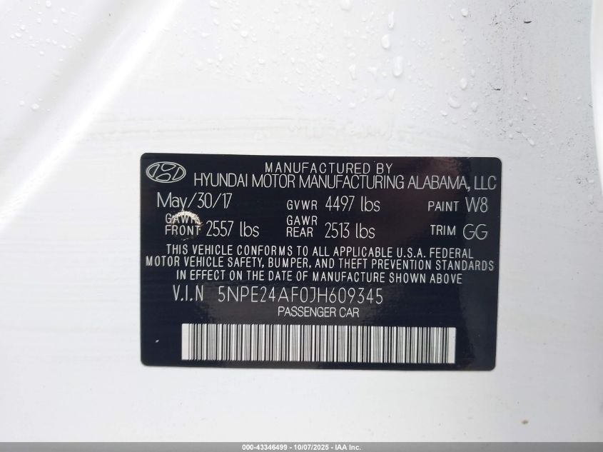 2018 Hyundai Sonata Se VIN: 5NPE24AF0JH609345 Lot: 43346499