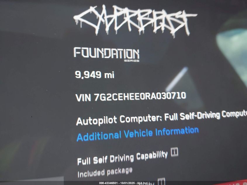 2024 Tesla Cybertruck Cyberbeast VIN: 7G2CEHEE0RA030710 Lot: 43346501
