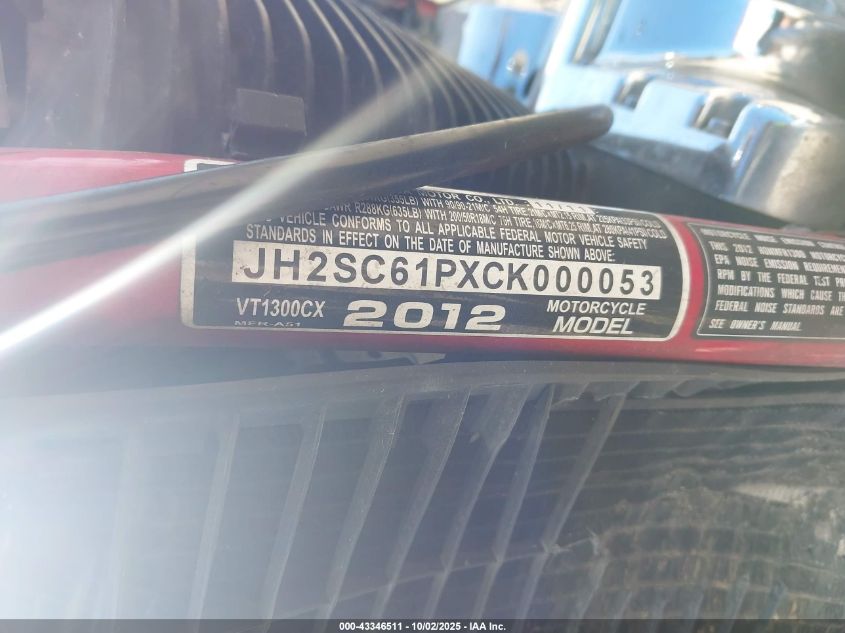 2012 Honda Vt1300 Cx VIN: JH2SC61PXCK000053 Lot: 43346511