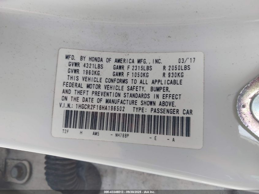 2017 Honda Accord Sport Se VIN: 1HGCR2F16HA196502 Lot: 43346513