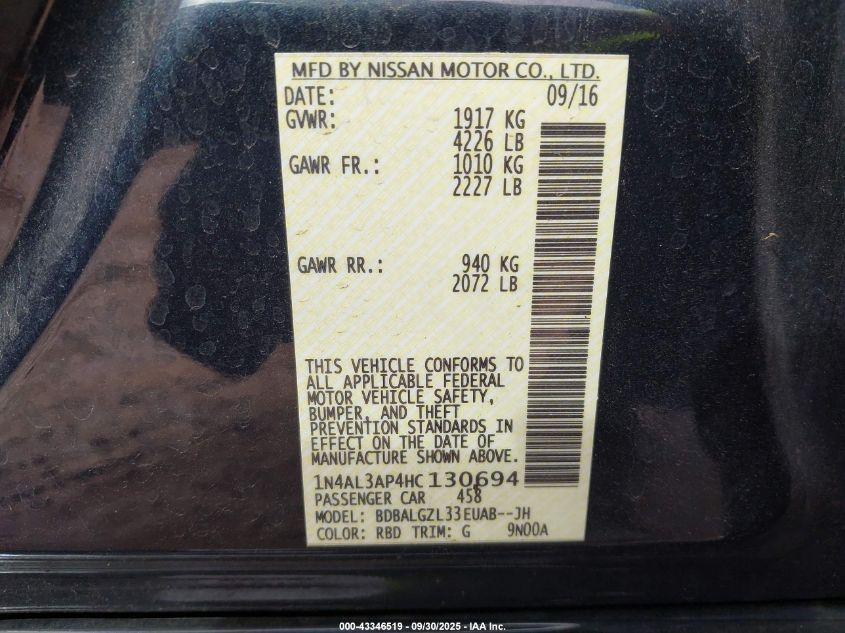 2017 Nissan Altima 2.5 S VIN: 1N4AL3AP4HC130694 Lot: 43346519