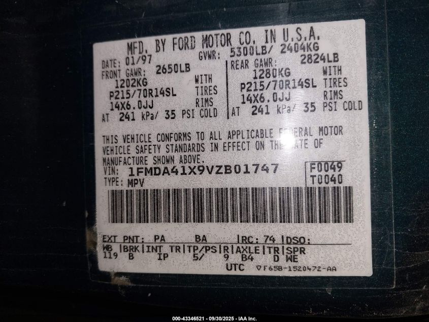 1997 Ford Aerostar Xlt VIN: 1FMDA41X9VZB01747 Lot: 43346521