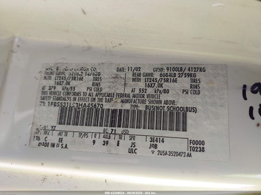 2003 Ford E-350 Super Duty Xl/Xlt VIN: 1FBSS31L53HA45670 Lot: 43346524