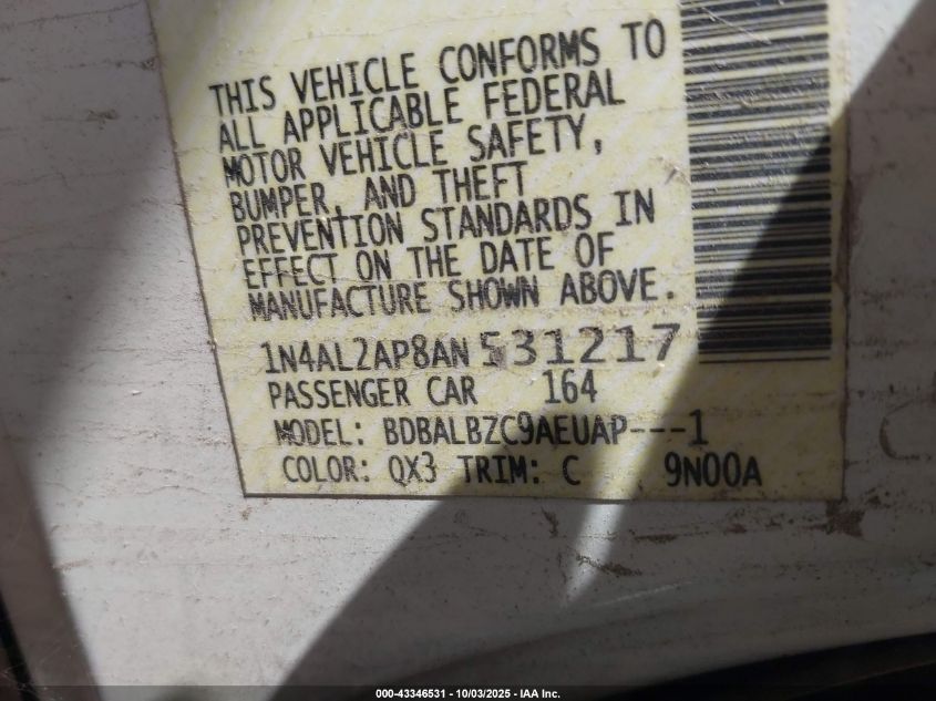 2010 Nissan Altima 2.5 S VIN: 1N4AL2AP8AN531217 Lot: 43346531