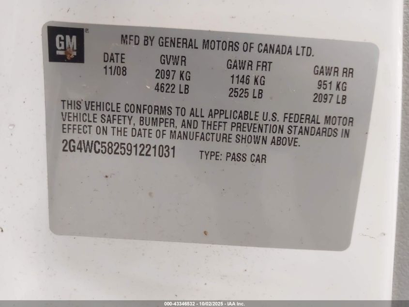 2009 Buick Lacrosse Cx VIN: 2G4WC582591221031 Lot: 43346532