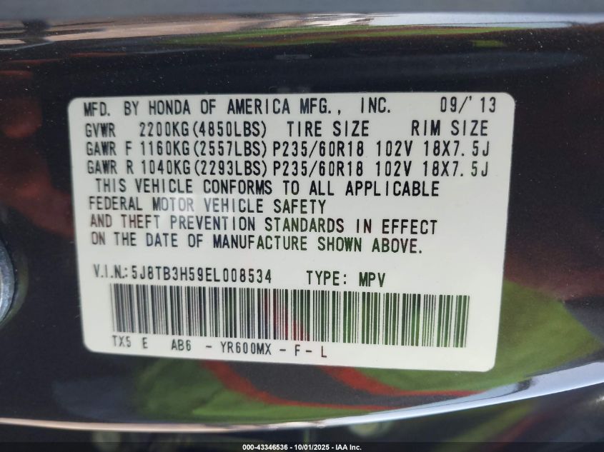 2014 Acura Rdx VIN: 5J8TB3H59EL008534 Lot: 43346536