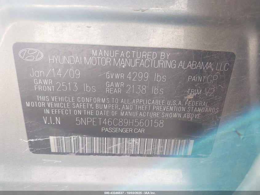 2009 Hyundai Sonata Gls VIN: 5NPET46C89H560158 Lot: 43346537