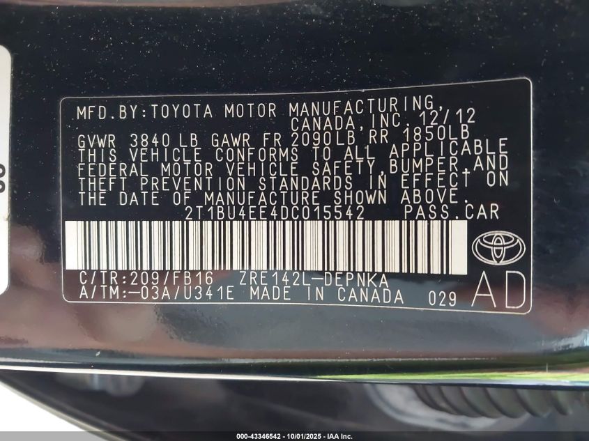 2013 Toyota Corolla Le VIN: 2T1BU4EE4DC015542 Lot: 43346542