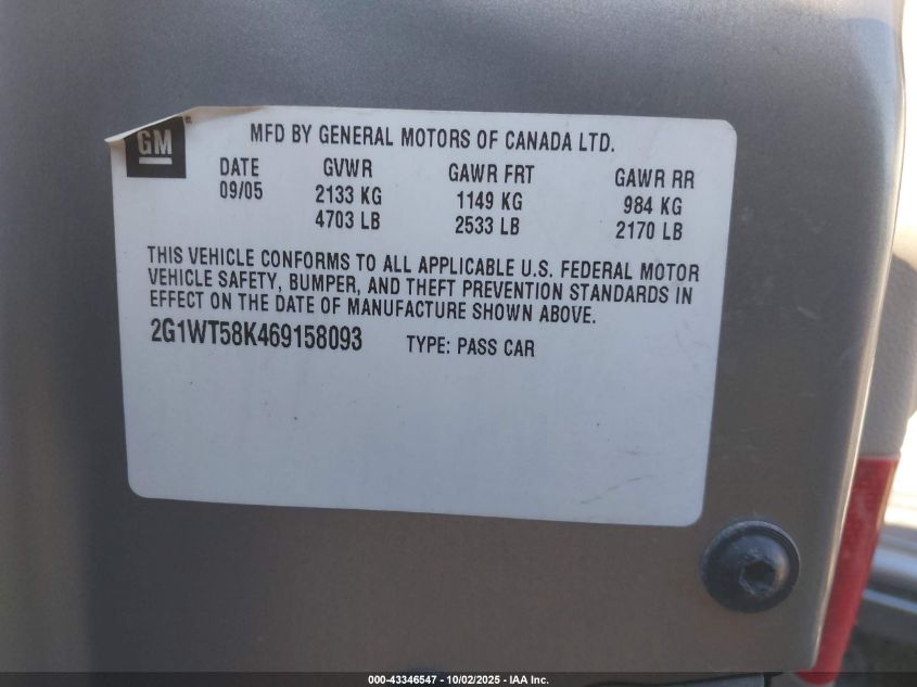 2006 Chevrolet Impala Lt VIN: 2G1WT58K469158093 Lot: 43346547