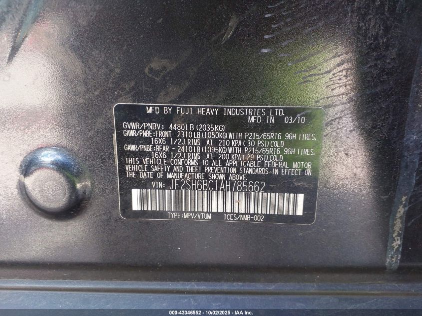 2010 Subaru Forester 2.5X VIN: JF2SH6BC1AH785662 Lot: 43346552