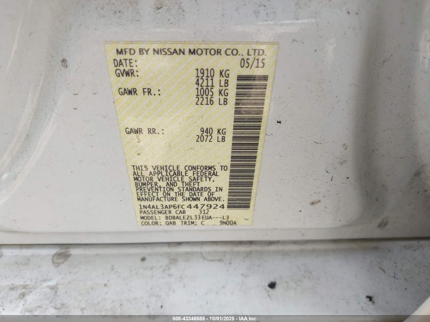 2015 Nissan Altima 2.5 S VIN: 1N4AL3AP6FC447924 Lot: 43346585