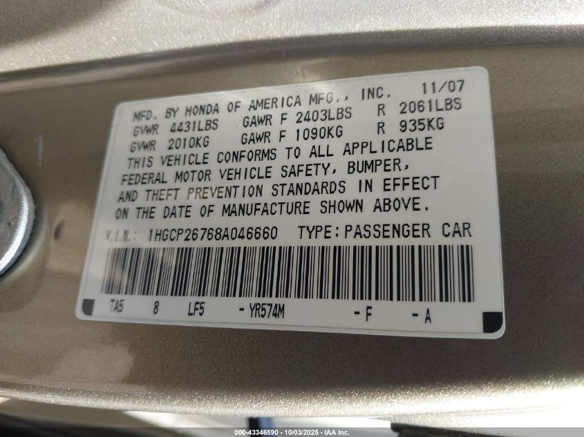2008 Honda Accord 2.4 Ex VIN: 1HGCP26768A046660 Lot: 43346590