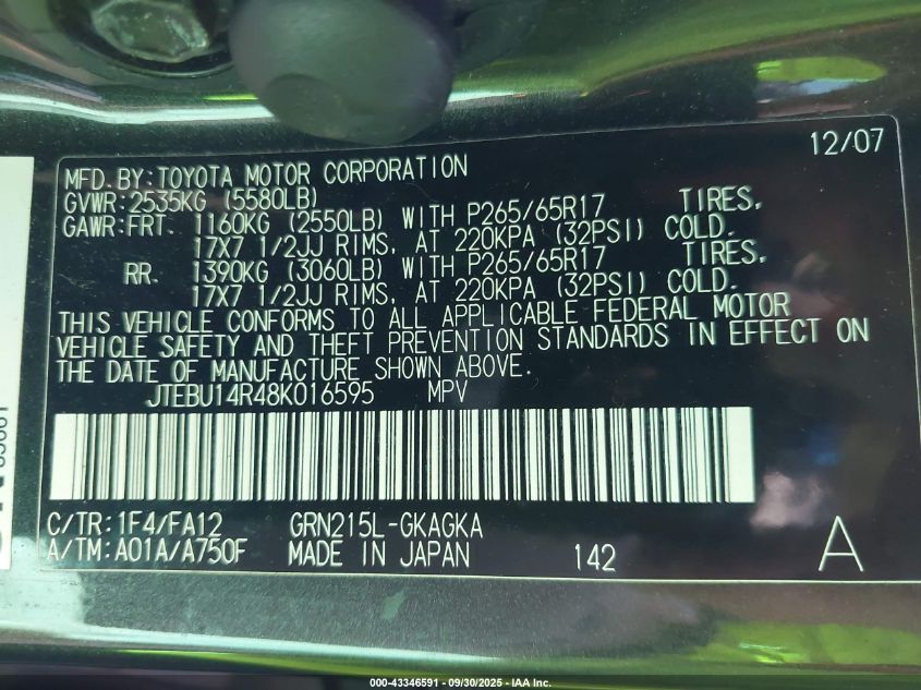 2008 Toyota 4Runner Sr5 V6 VIN: JTEBU14R48K016595 Lot: 43346591