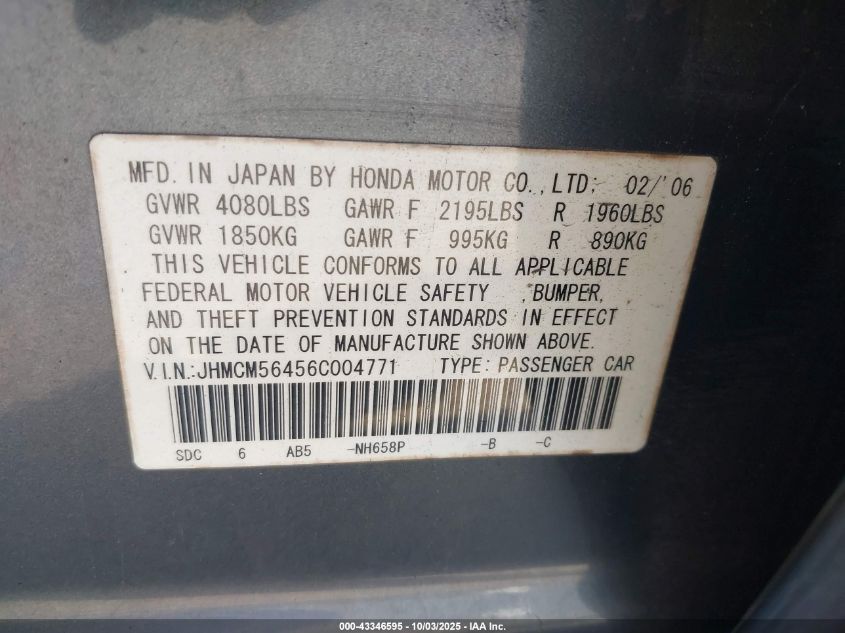 2006 Honda Accord 2.4 Lx VIN: JHMCM56456C004771 Lot: 43346595